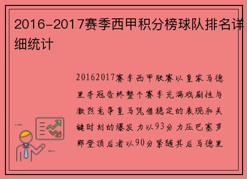 2016-2017赛季西甲积分榜球队排名详细统计