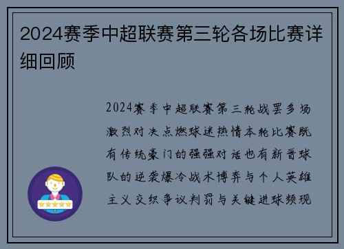 2024赛季中超联赛第三轮各场比赛详细回顾
